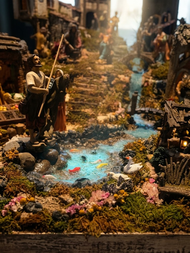 Pescador junto al río con gansos