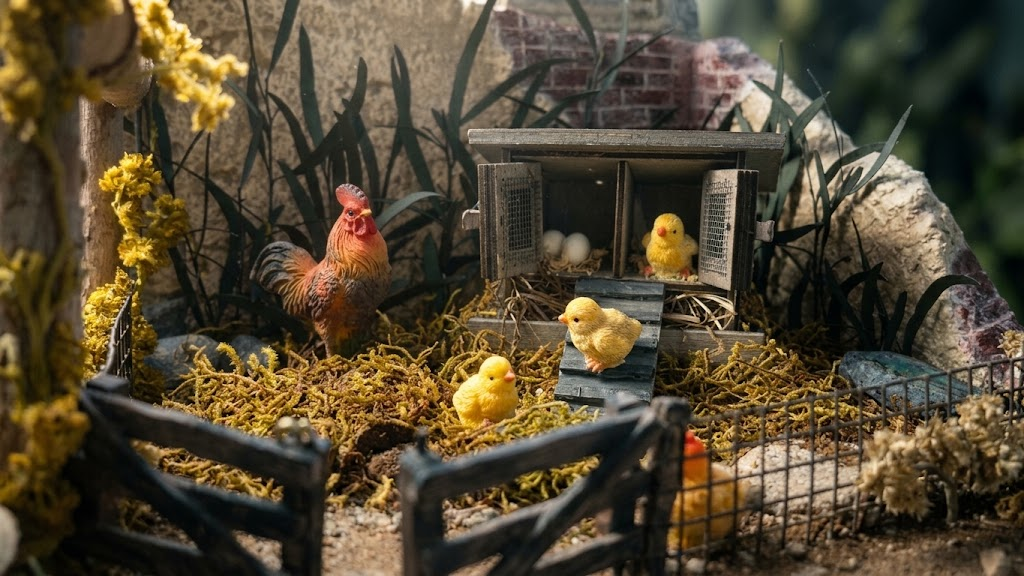 Gallinero con gallo y pollitos
